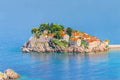 Sveti Stefan airview, island and hotel resort in Montenegro, southeast of Budva. Balkans, Adriatic sea, Europe. Travel