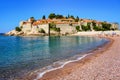 Sveti Stefan island and pink sand beach, Montenegro Royalty Free Stock Photo