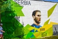 SVETLOGORSK, RUSSIA. A fragment of graffiti with a portrait of the Serbian football player Branislav Ivanovich. FIFA 2018 FIFA Wor