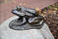 SVETLOGORSK, RUSSIA. Bronze sculpture of a frog sitting on a stone. Kaliningrad region