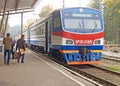 SVETLOGORSK, RUSSIA. The electric train of the ER2K-91805 series costs at the platform. Kaliningrad region