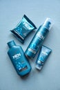 Svetlovodsk, Ukraine - 04.03.2021: Set north for men below zero from Oriflame Sweden , shaving foam, after shave gel, shampoo for