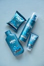 Svetlovodsk, Ukraine - 04.03.2021: Set north for men below zero from Oriflame Sweden , shaving foam, after shave gel, shampoo for