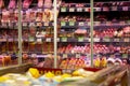 Showcase with a large assortment of sausages in the supermarket. Moscow, Russia, 01-01-2021