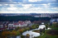Svisloch river landscape flows in the European city of Minsk in Belarus Royalty Free Stock Photo