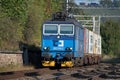 Svitavy, Czech Republic - 20.4.2019: Freight train with container wagons, CD Cargo. Loaded containers on wagons Royalty Free Stock Photo
