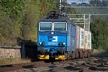 Svitavy, Czech Republic - 20.4.2019: Freight train with container wagons, CD Cargo. Loaded containers on wagons