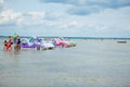 Svityaz- September 2019: colored old vintage plastic catamarans and boats near a wooden pier on the shore of a large lake Royalty Free Stock Photo