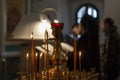 Sviyazhsk Russia June 04, 2018: Church candles. Ministry in the Orthodox Church.