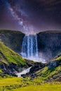 Svodufoss waterfall under night galaxy sky in iceland Royalty Free Stock Photo