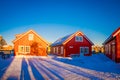 SVOLVAER, LOFOTEN ISLANDS, NORWAY - APRIL 10, 2018: Beautiful rorbu or fisherman`s houses in Svolvaer Lofoten Islands Royalty Free Stock Photo