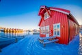 SVOLVAER, LOFOTEN ISLANDS, NORWAY - APRIL 10, 2018: Beautiful rorbu or fisherman`s houses in Svolvaer Lofoten Islands Royalty Free Stock Photo