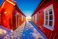 SVOLVAER, LOFOTEN ISLANDS, NORWAY - APRIL 10, 2018: Beautiful rorbu or fisherman`s houses in Svolvaer Lofoten Islands Royalty Free Stock Photo