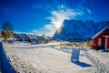SVOLVAER, LOFOTEN ISLANDS, NORWAY - APRIL 10, 2018: Outdoor view of beautiful rorbu or fisherman houses in a small town Royalty Free Stock Photo