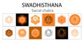 Swadhisthana icon set. The second sacral chakra. Vector orange gloss and shine. One line symbol. Outline sacral sign collection. Royalty Free Stock Photo