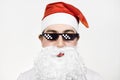 Swag Santa Claus in funny pixelated sunglasses on white background. Gangster, boss, thug life meme. 8bit style. Holly Jolly x Mas