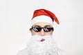 Swag Santa Claus in funny pixelated sunglasses on white background. Gangster, boss, thug life meme. 8bit style. Holly Jolly x Mas