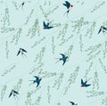 seamless floral pattern with swallow on the blue background Royalty Free Stock Photo