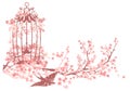 Spring cherry blossom and bird cage vector Royalty Free Stock Photo