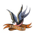 Swallow Bird and Ribbon with Wording Freedom Tattoo