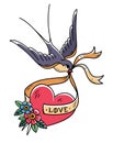 Swallow carries over red heart on ribbon with lettering Love. Valentines Day. Tattoo heart with flowers and bird. Royalty Free Stock Photo