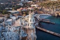 Swallow Nest aerial drone shot, ancient castle on top of mountain cliff near sea Yalta region, Crimea. Beautiful famous palace Royalty Free Stock Photo