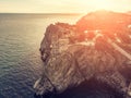 Swallow Nest, ancient castle on top of mountain cliff near sea Yalta region at sunset, Crimea. Beautiful famous palace Royalty Free Stock Photo