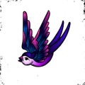 Swallow.Old School Traditional Tattoo. Violet and pink colors. On Vintage background. Vector isolation.Good for printing youth