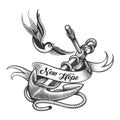 Swallow and Ship Anchor Tattoo in Engraving Style Royalty Free Stock Photo