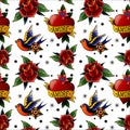 Swallows heart tattoo wallpaper, pattern design. Art bird and rose flower in vintage old style, classic retro print