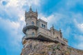 Swallows Nest castle on the rock over the Black Sea, Crimea, Yalta. Panorama with landmark of Crimea