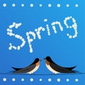 Swallows perched on a wire with sign spring
