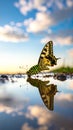 Swallowtail butterfly drinking water from a puddle with reflection under a blue sky Royalty Free Stock Photo