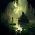 Swamp Bog Marsh Wetland Green Landscape Quagmire Water Misty Mysterious House RPG Environment Concept Painting Generative AI