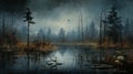 Swamp Birds: A Dark And Naturalistic Landscape Painting