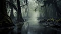 A swamp enveloped in fog with water and trees in the background