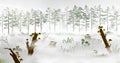 Swamp in the fog in front of the pine tree forest. Silhouette vector illustration of the bog with fallen trees, fungus Royalty Free Stock Photo