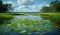 Swamp grass in a river in a green forest on a cloudy day. Royalty Free Stock Photo