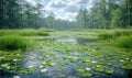 Swamp grass in a river in a green forest on a cloudy day. Royalty Free Stock Photo