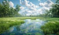 Swamp grass in a river in a green forest on a cloudy day. Royalty Free Stock Photo