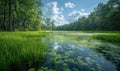 Swamp grass in a river in a green forest on a cloudy day. Royalty Free Stock Photo
