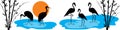 Palm Tree Illustration And Flamingo Birds Silhouettes On Sunset, Vector. Swamp Life Cartoon Illustration
