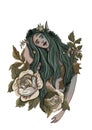 Swamp nymph with pointed ears and long green hair in dense vegetation and flowers, cartoon character with cute smile and kind eyes