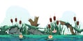 Swamp reed illustration. Cartoon marsh background with cattail plants, moss rocks and log, countryside wetland or lake Royalty Free Stock Photo