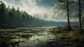 Swamp In Rocky Lake Bank - A Photorealistic Representation Of A Cloudy Sky Royalty Free Stock Photo