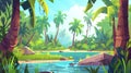 The swamp in a tropical forest is a fairy landscape with marsh, trees trunks, bog grass and rocks. Modern cartoon Royalty Free Stock Photo