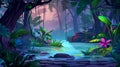 A swamp in a tropical forest, with trees trunks, bog grass and rocks. Modern illustration of tropical jungle, rain Royalty Free Stock Photo