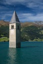 Swamped church tower at Passo di Resia