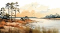 Swampland Landscape: Realistic Bird Paintings In Plein-air Style