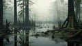 Swampy Cypress Trees: A Naturalistic Rendering Of Cryptidcore And Post-apocalyptic Imagery